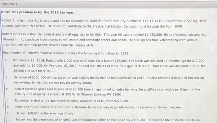  a. Instructions Note: This problem is for the 2019 tax year.