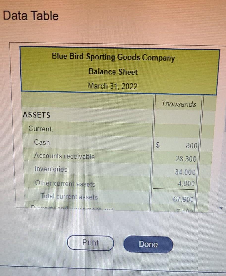 Data Table Blue Bird Sporting Goods Company Balance Sheet March 31,