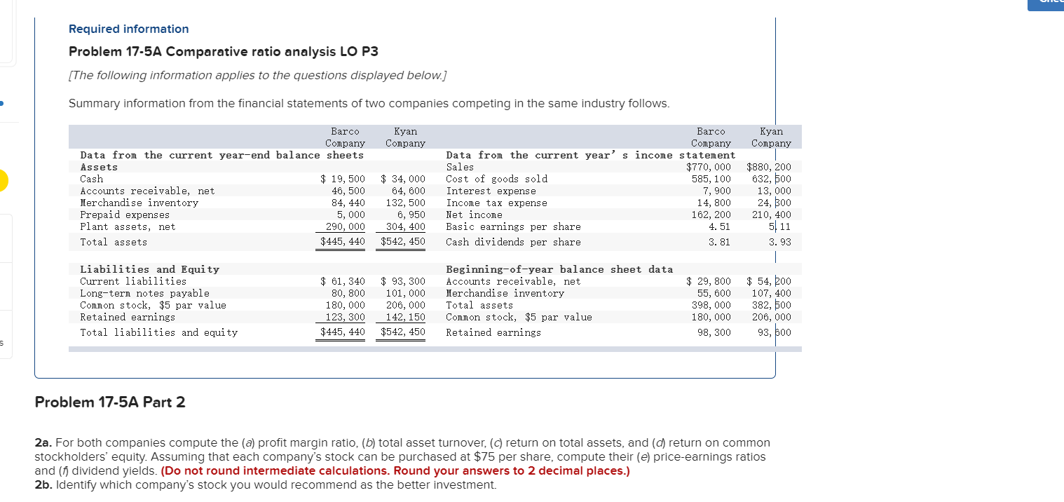 pl Required information Problem 17-5A Comparative ratio analysis LO P3 [The following