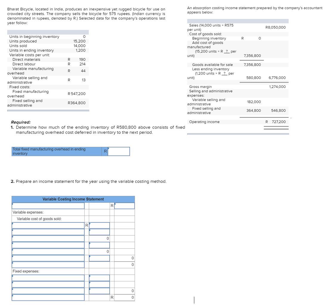 please answer all. its all 1 question. An absorption costing income statement