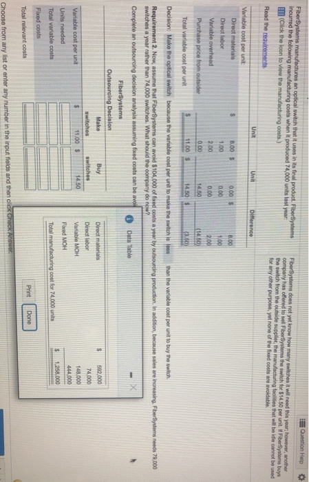  Question Help Fiber Systems manufactures an optical switch that it uses