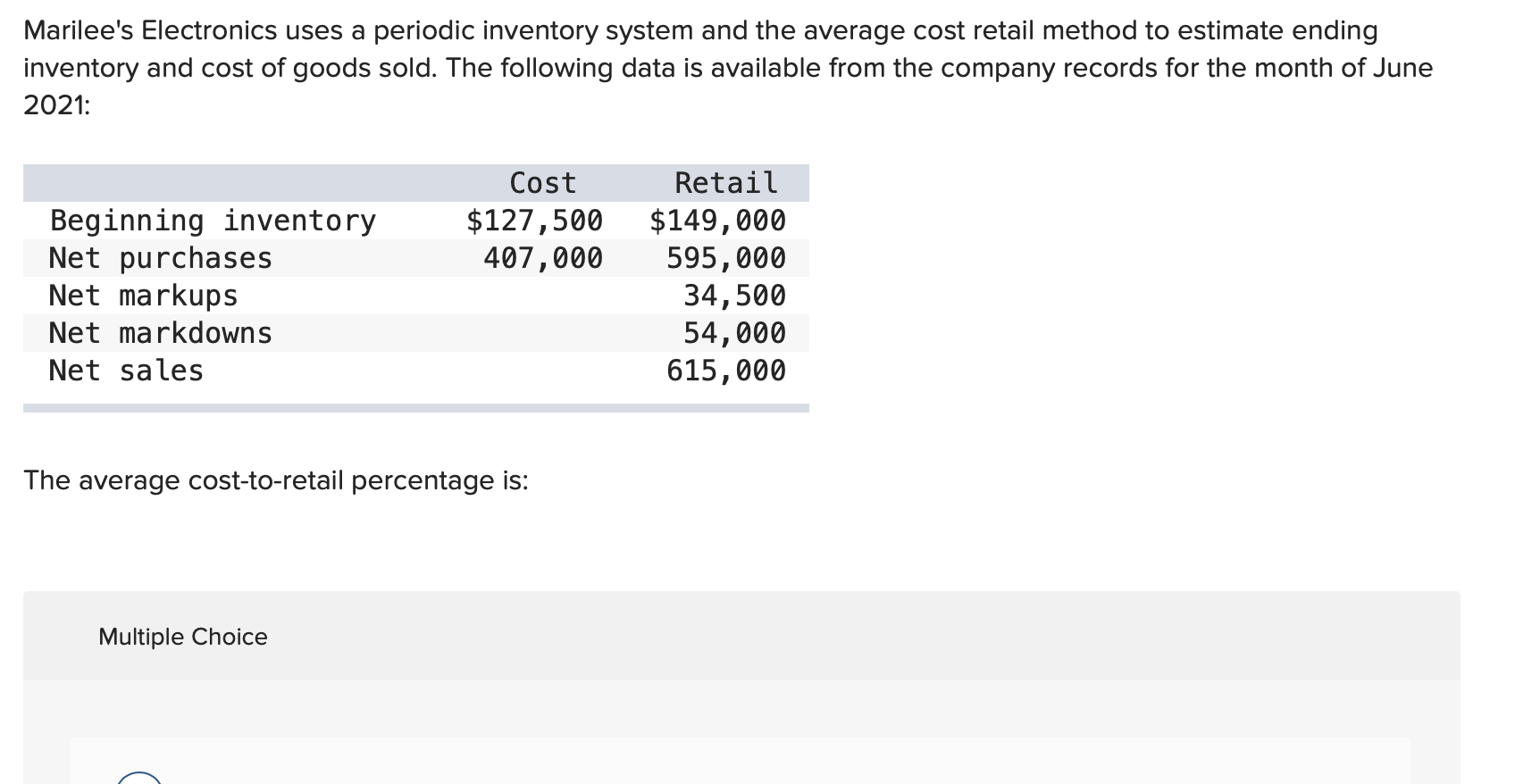 36. Marilee's Electronics uses a periodic inventory system and the average cost