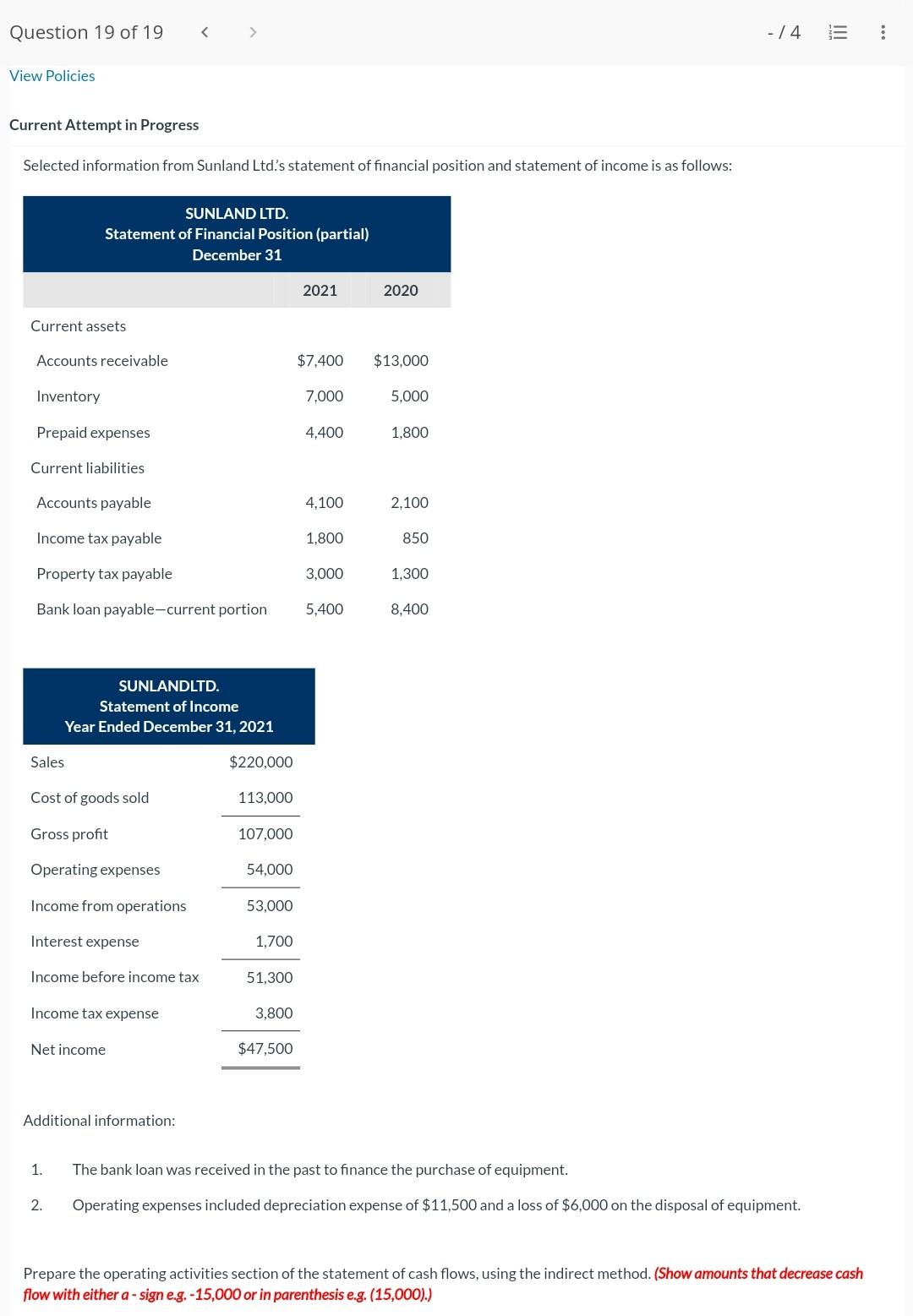  question 19 Current Attempt in Progress Selected information from Sunland Ltd.'s
