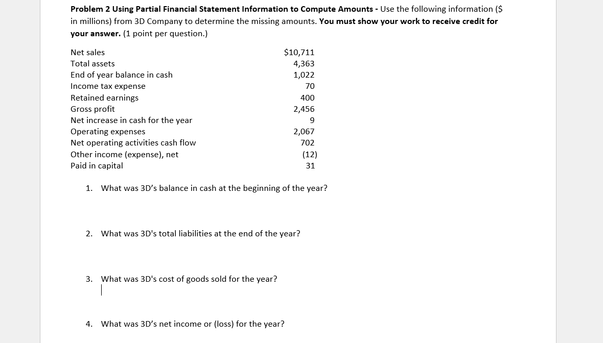 Problem 2 Using Partial Financial Statement Information to Compute Amounts - Use