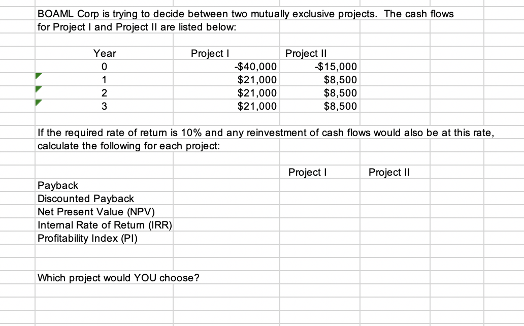 BOAML Corp is trying to decide between two mutually exclusive projects.