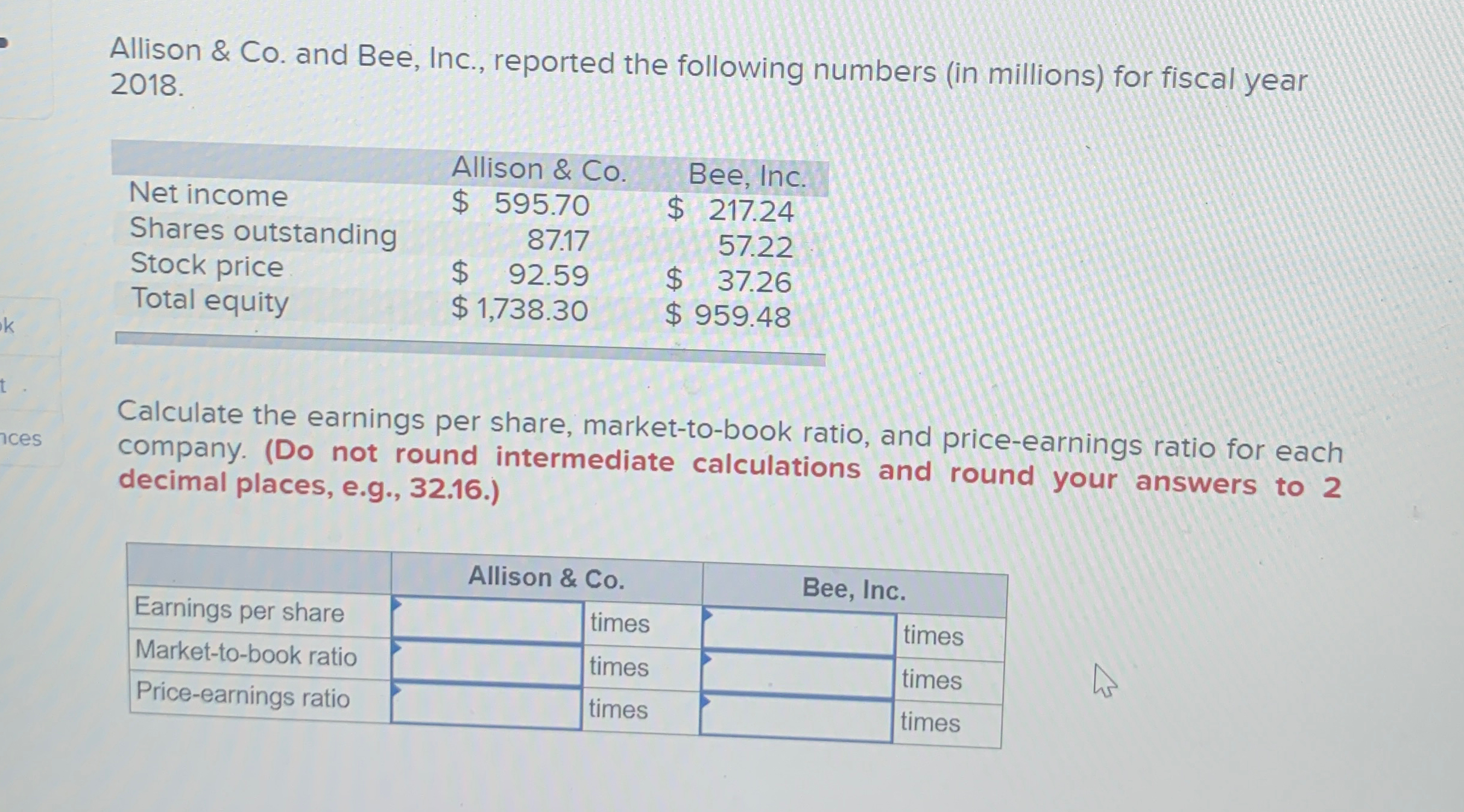  Allison & Co. and Bee, Inc., reported the following numbers (in