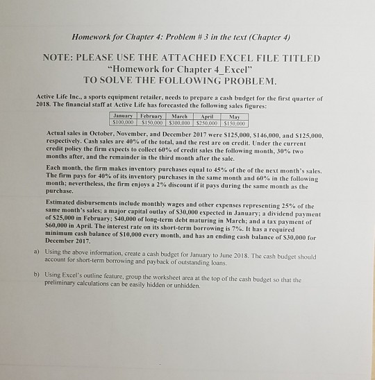  please show all work in excel Homework for Chapter 4: Problem
