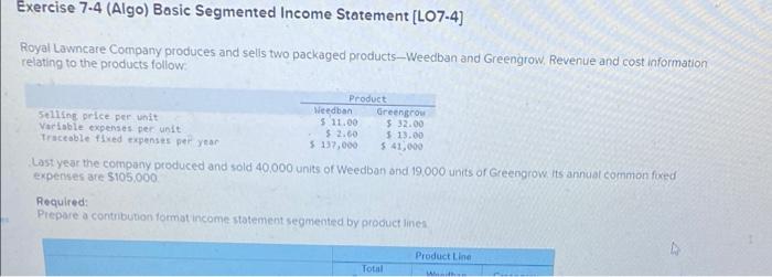 please help Exercise 7-4 (Algo) Basic Segmented Income Statement (L07-4) Royal Lawncare