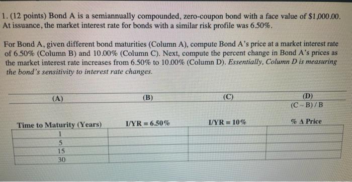  1.(12 points) Bond A is a semiannually compounded, zero-coupon bond with