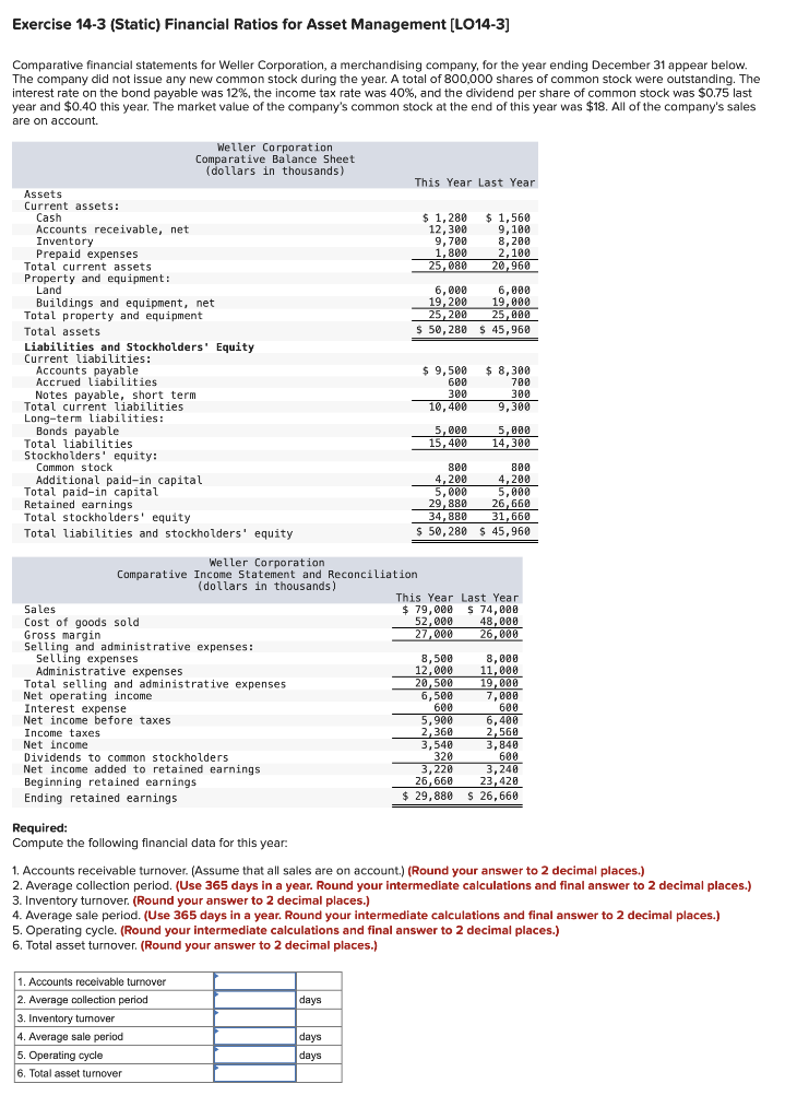  Exercise 14-3 (Static) Financial Ratios for Asset Management (LO14-3] Comparative financial