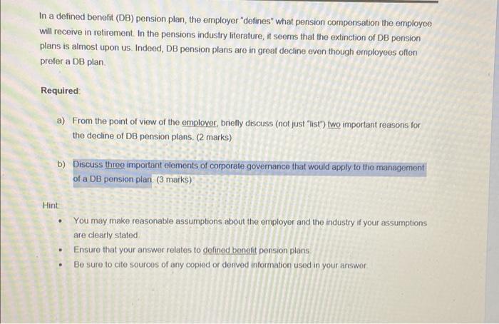  answer part 1 please In a defined benefit (DB) pension plan,