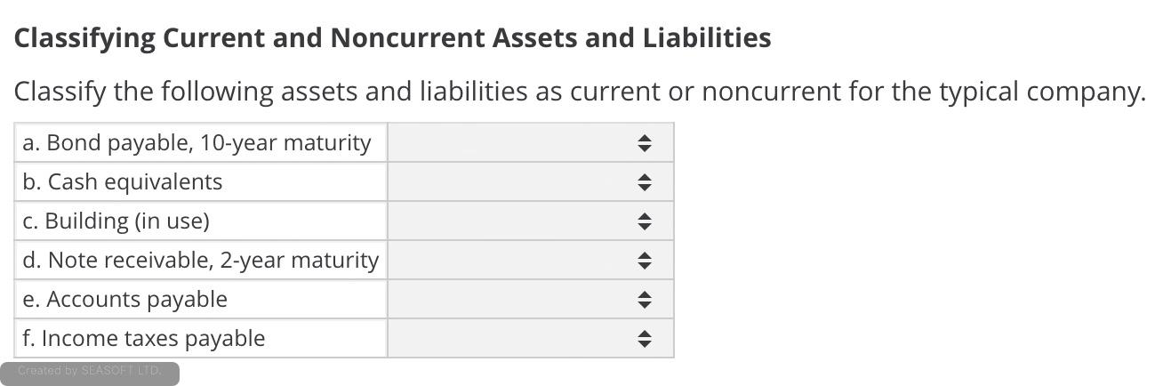  Classifying Current and Noncurrent Assets and Liabilities Classify the following assets