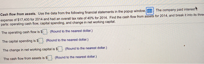  Cash flow from assets. Use the data from the following financial