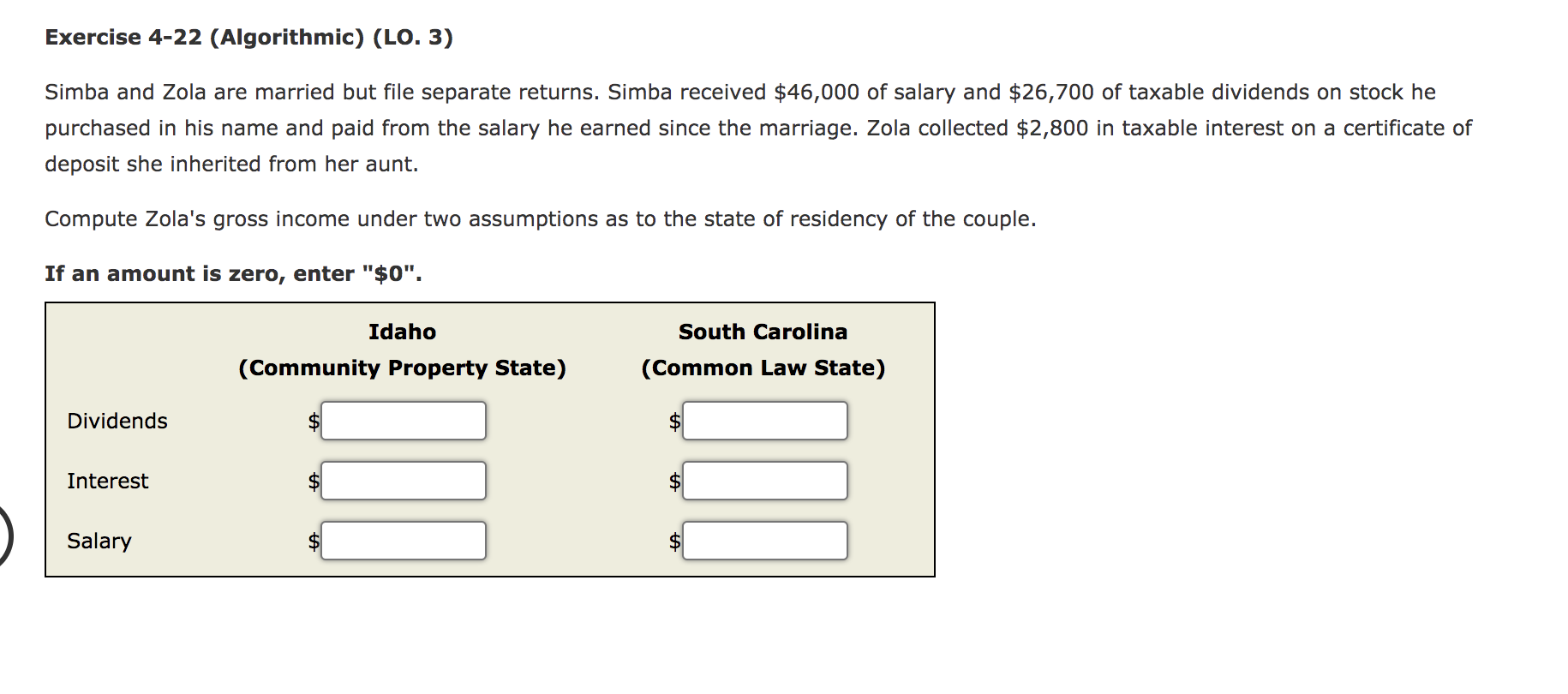 Exercise 4-22 (Algorithmic) (LO. 3) Simba and Zola are married but