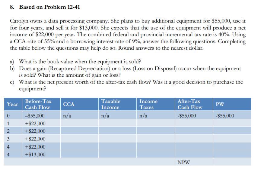  8. Based on Problem 12-41 Carolyn owns a data processing company.