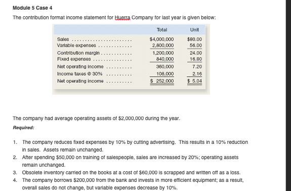  Module 5 Case 4 The contribution format Income statement for Huerca