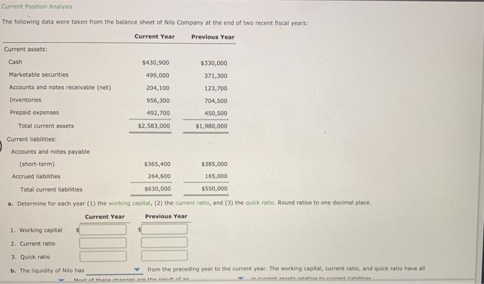  Current Position Analysis The following data were taken from the balance
