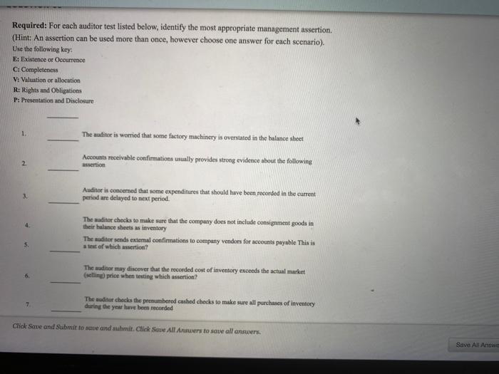  Required: For each auditor test listed below, identify the most appropriate