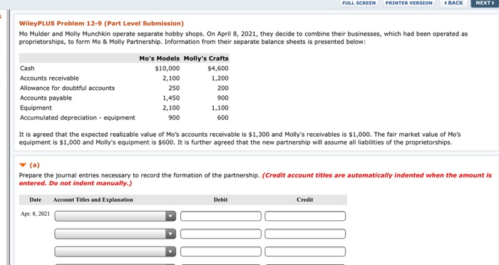  FULL SCREEN PRINTER VERSION BACK NEXT WileyPLUS Problem 12-9 (Part Level