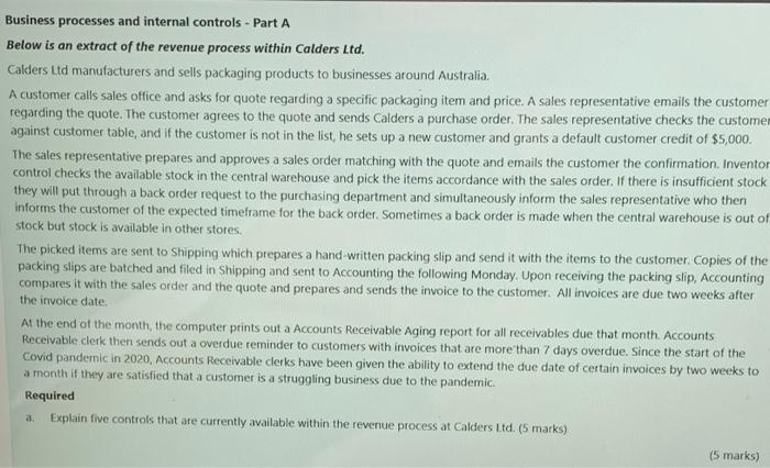  Business processes and internal controls - Part A Below is an