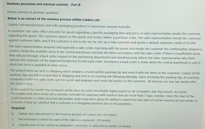 extract of the revenue process within Calders Ltd. Calders Ltd manufacturers and