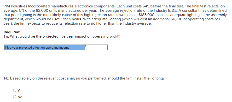  PIM Industries Incorporated manufactures electronics components. Each unit costs $45 before