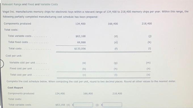  Relevant Range and Fixed and Variable costs Vogel Inc. manufactures memory