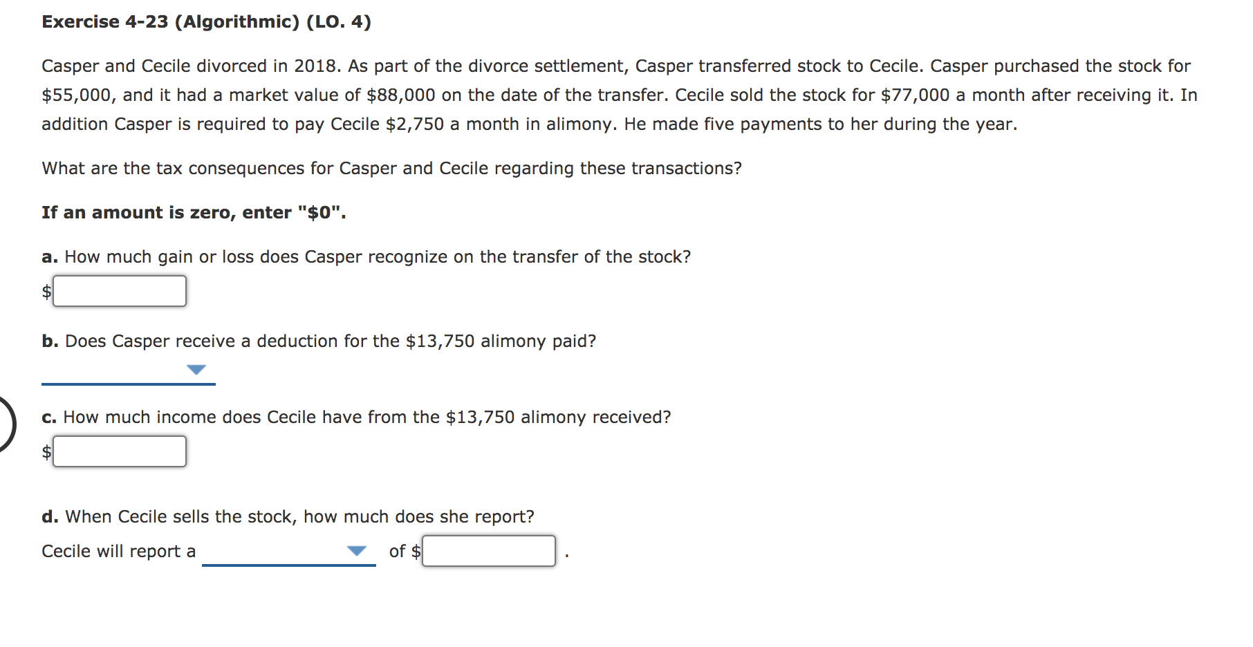 Exercise 4-23 (Algorithmic) (LO. 4) Casper and Cecile divorced in 2018.