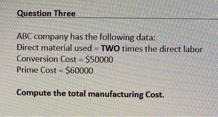  Question Three ABC company has the following data: Direct material used=TWO