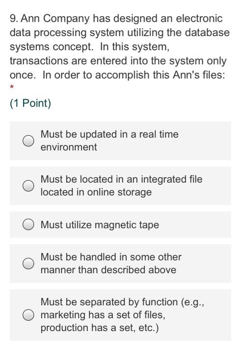  9. Ann Company has designed an electronic data processing system utilizing