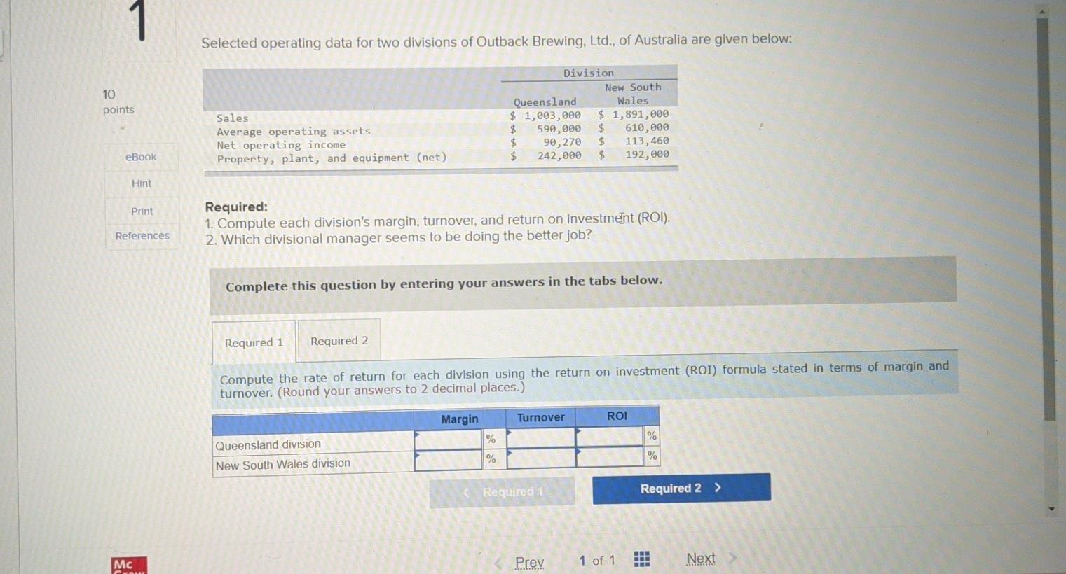 selected operating data for two divisions of outback brewing LTD, of Australia