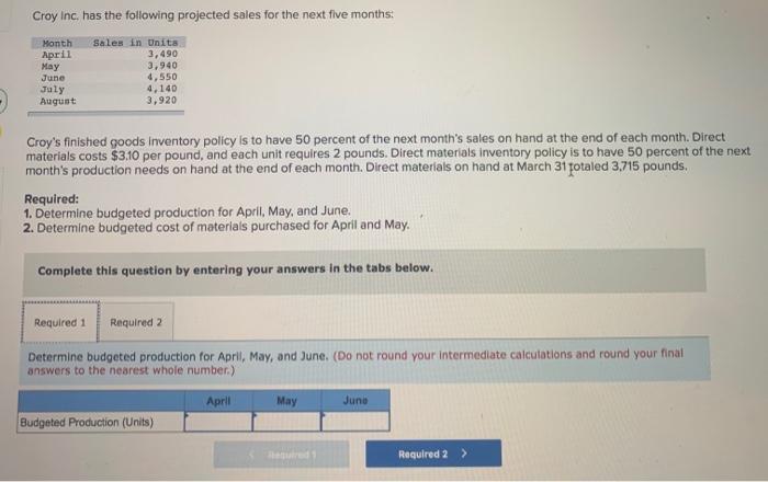  please answer all blanks Croy Inc. has the following projected sales