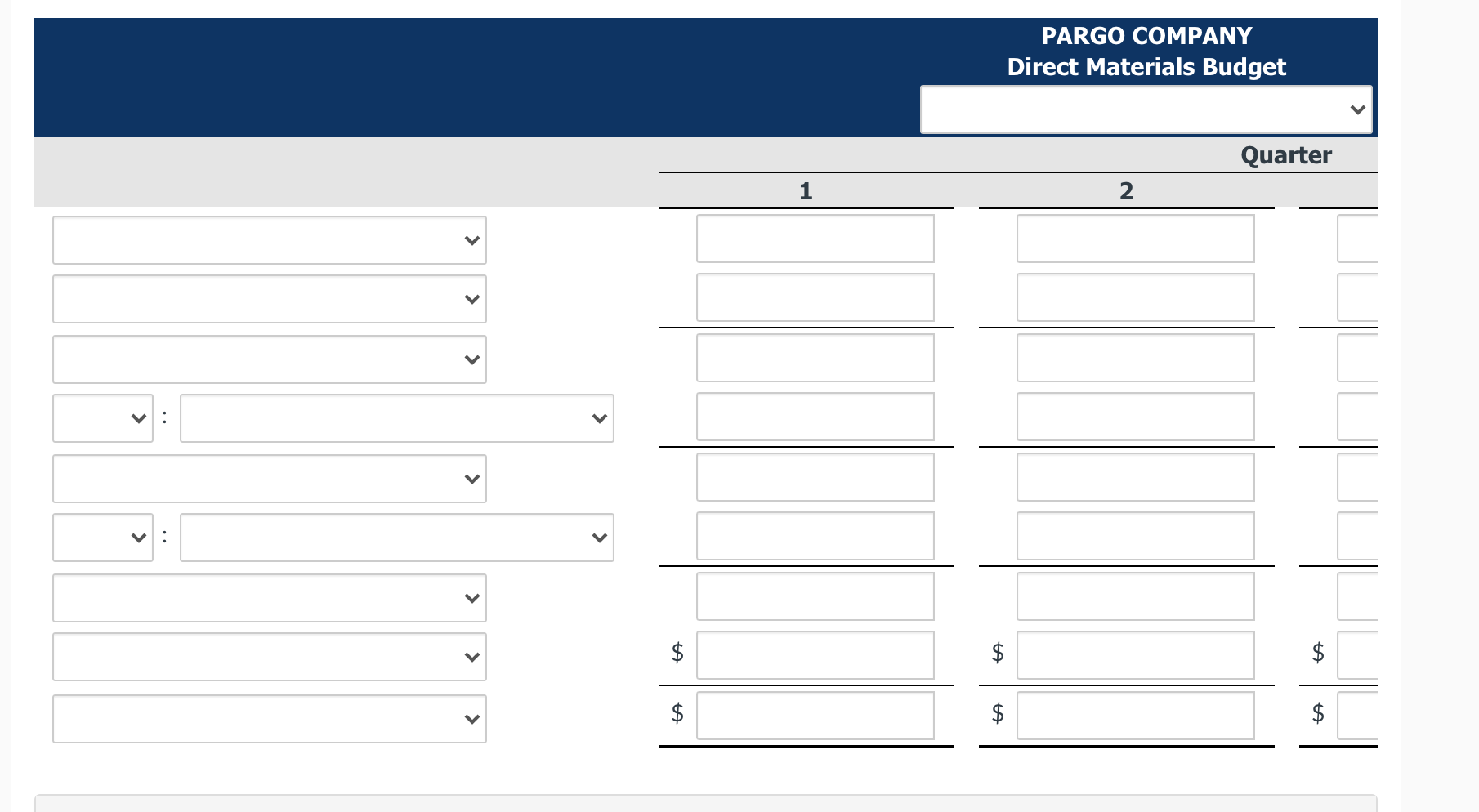 direct materials budgets are as follows. Sales. Sales for the year are