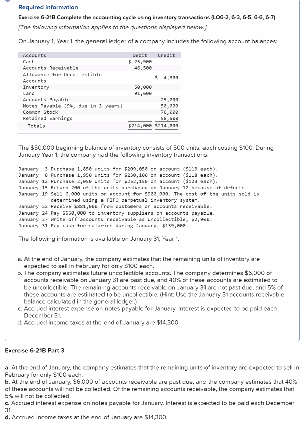  Required information Exercise 6-21B Complete the accounting cycle using inventory transactions