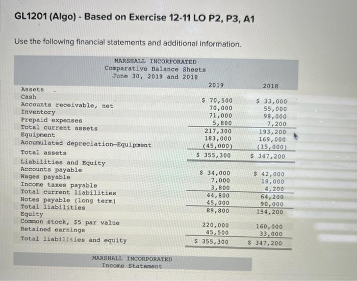 help please GL1201 (Algo) - Based on Exercise 12-11 LO P2, P3,
