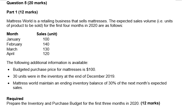  Question 5 (20 marks) Part 1 (12 marks) Mattress World is