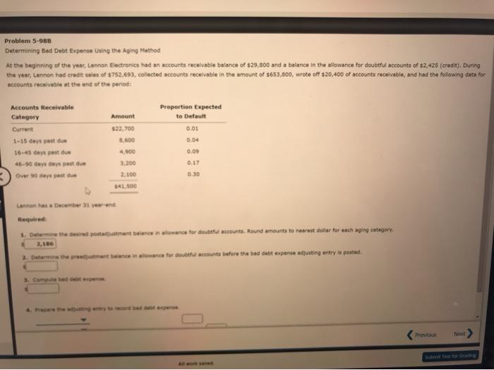  Problem 5-988 Determining Bad Debt Expense Using the Aging Method At