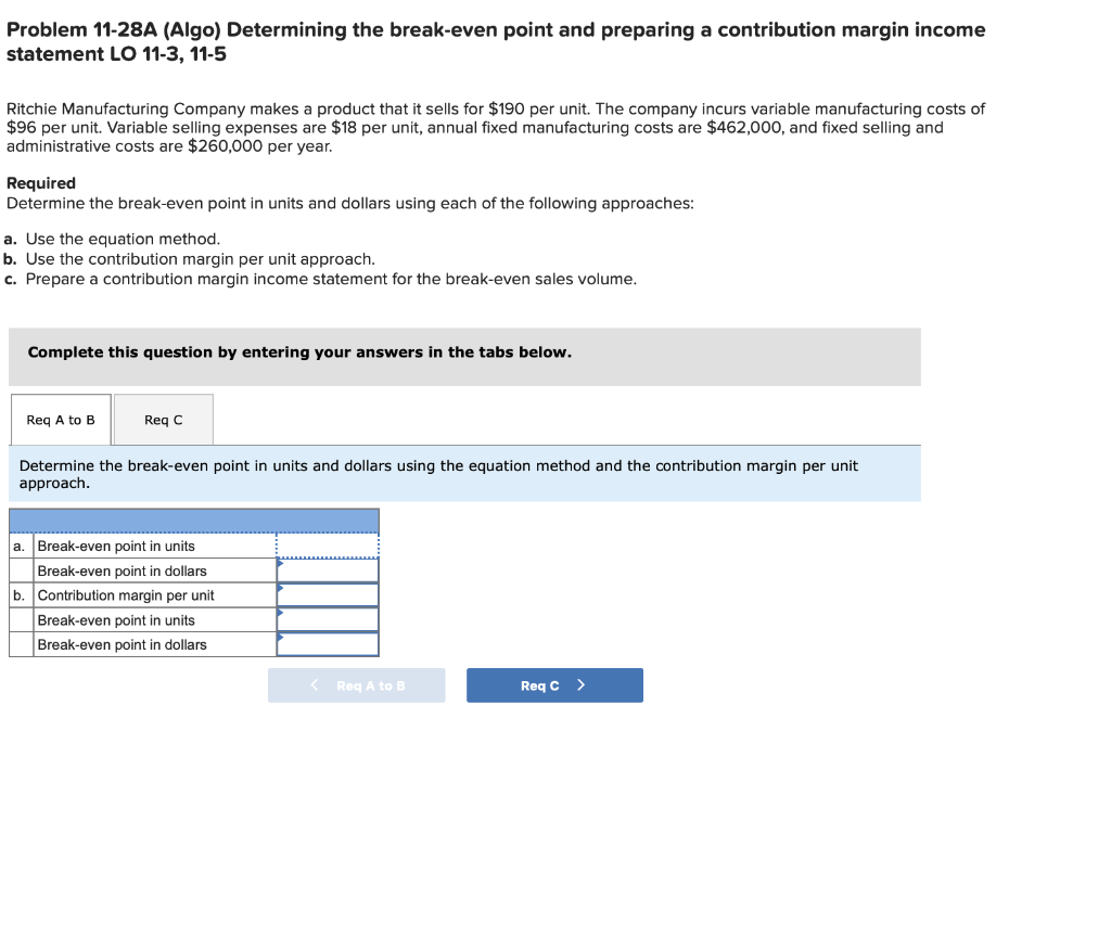  Problem 11-28A (Algo) Determining the break-even point and preparing a contribution