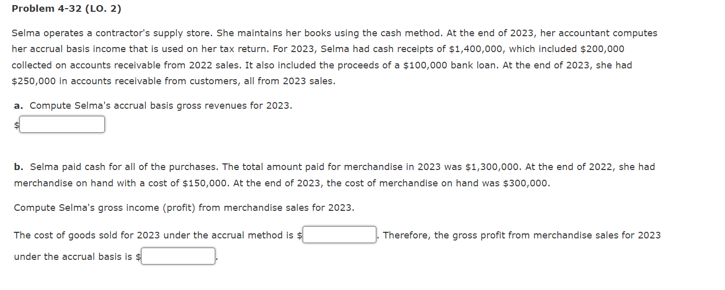  Problem 4-32(LO.2) Selma operates a contractor's supply store. She maintains her