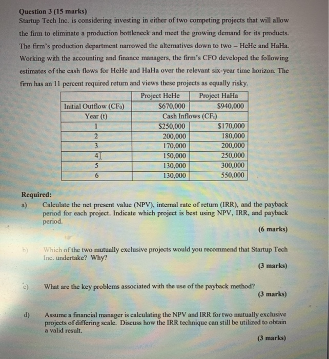  Question 3 (15 marks) Startup Tech Inc. is considering investing in