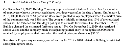 3. Restricted Stock Share Plan (10 Points) On December 31, 2017,
