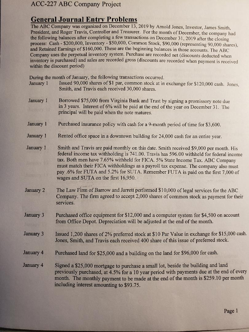  ACC-227 ABC Company Project General Journal Entry Problems The ABC Company