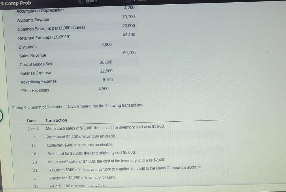 income statement part please On November 30, 2019, Davis Company had the