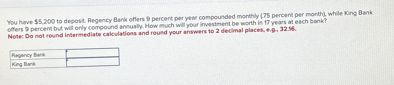  You have $5,200 to deposit. Regency Bank offers 9 percent per