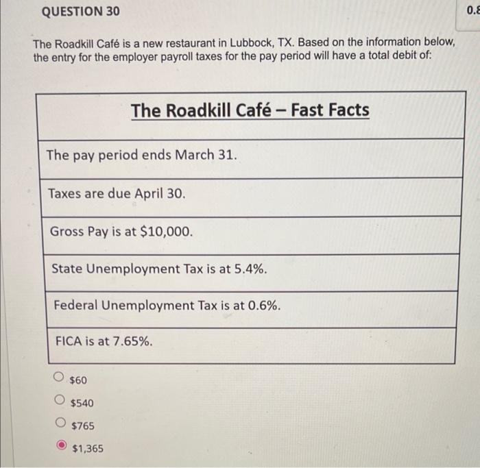  QUESTION 30 0. The Roadkill Caf is a new restaurant in