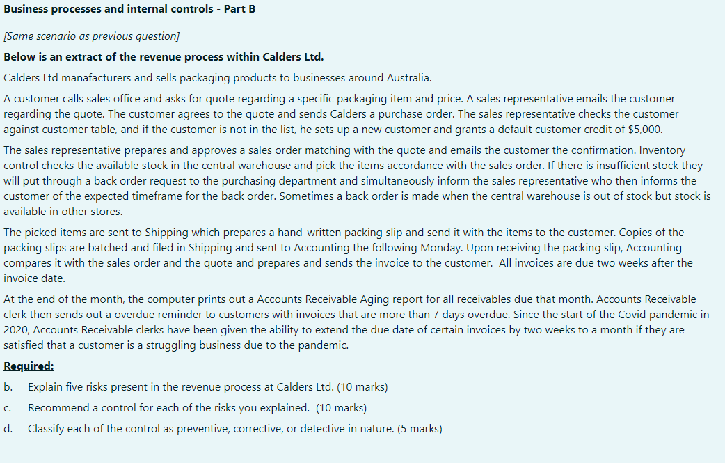 Business processes and internal controls - Part B [Same scenario as