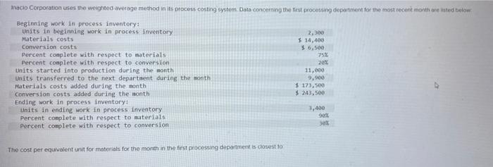  Inacio Corporation uses the weighted average method in its process costing