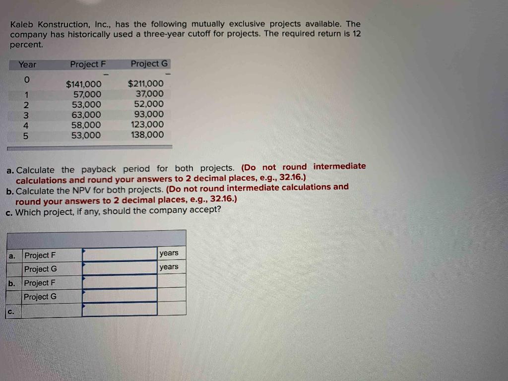 Kaleb Konstruction, Inc., has the following mutually exclusive projects available. The