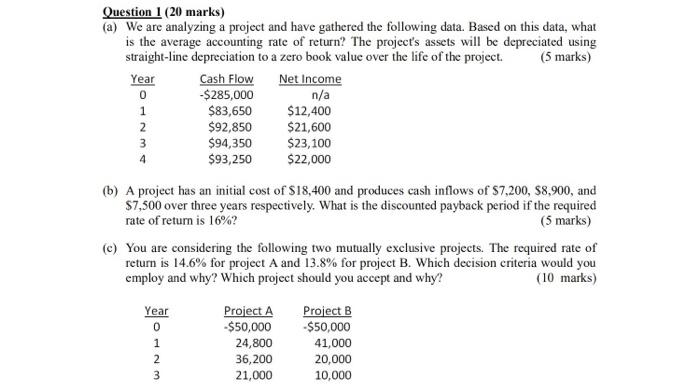  Question 1 (20 marks) (a) We are analyzing a project and