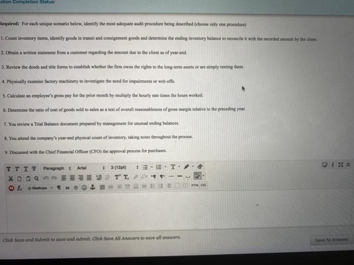  stion Completion Status: Required: For each unique scenario below, identify the